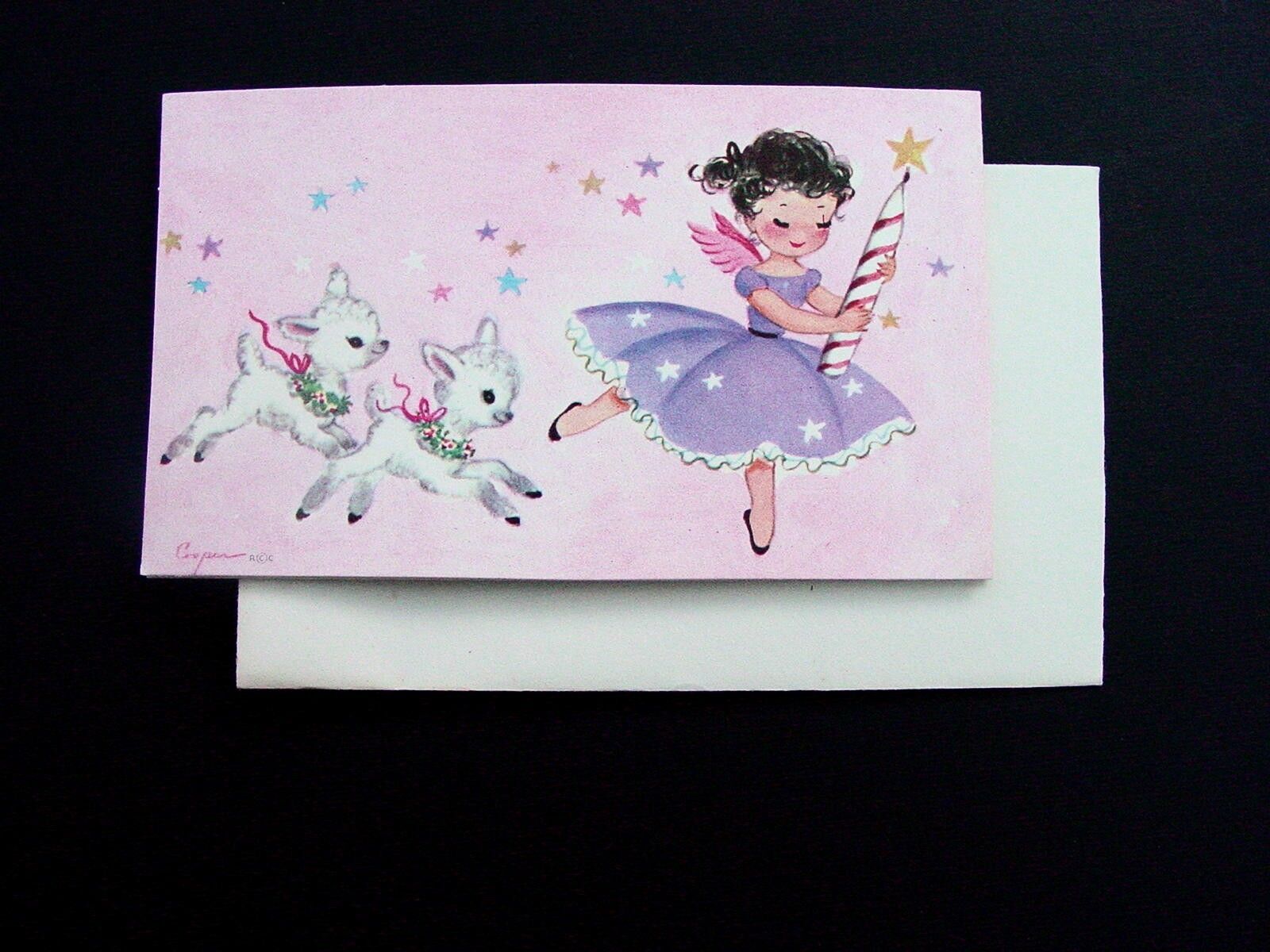 #G906- 1 VTG Unused Marjorie Cooper Xmas Greeting Tri Fold Card Angel & Lamb