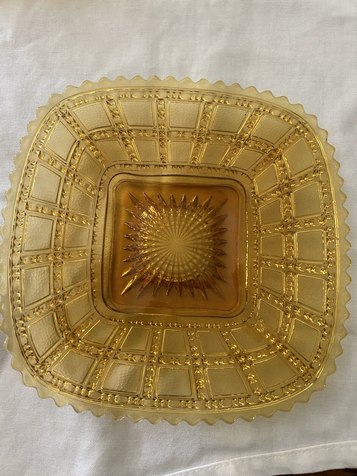 Vintage 1950s Imperial Glass Beaded Block Amber Square Plates. 7 3/4”.