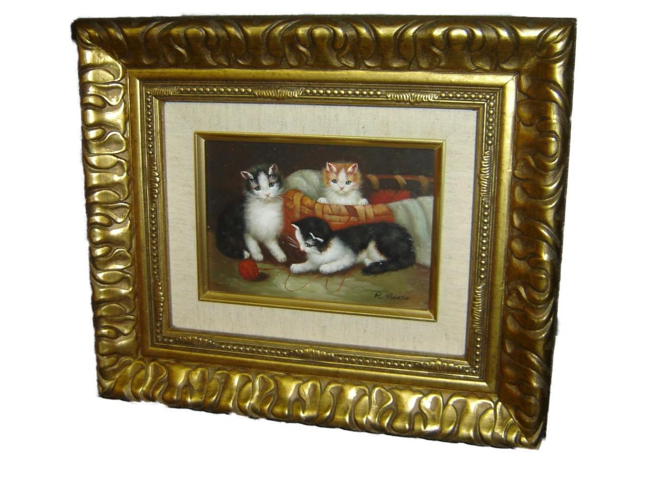 Antique Oil Painting on Board Three Kittens Cats Playing W/ Ball Of Yarn Signed.