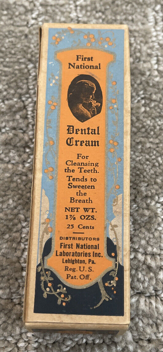 Vintage First National Dental Cream for Cleaning Teeth Lehighton Pa. - Empty Box