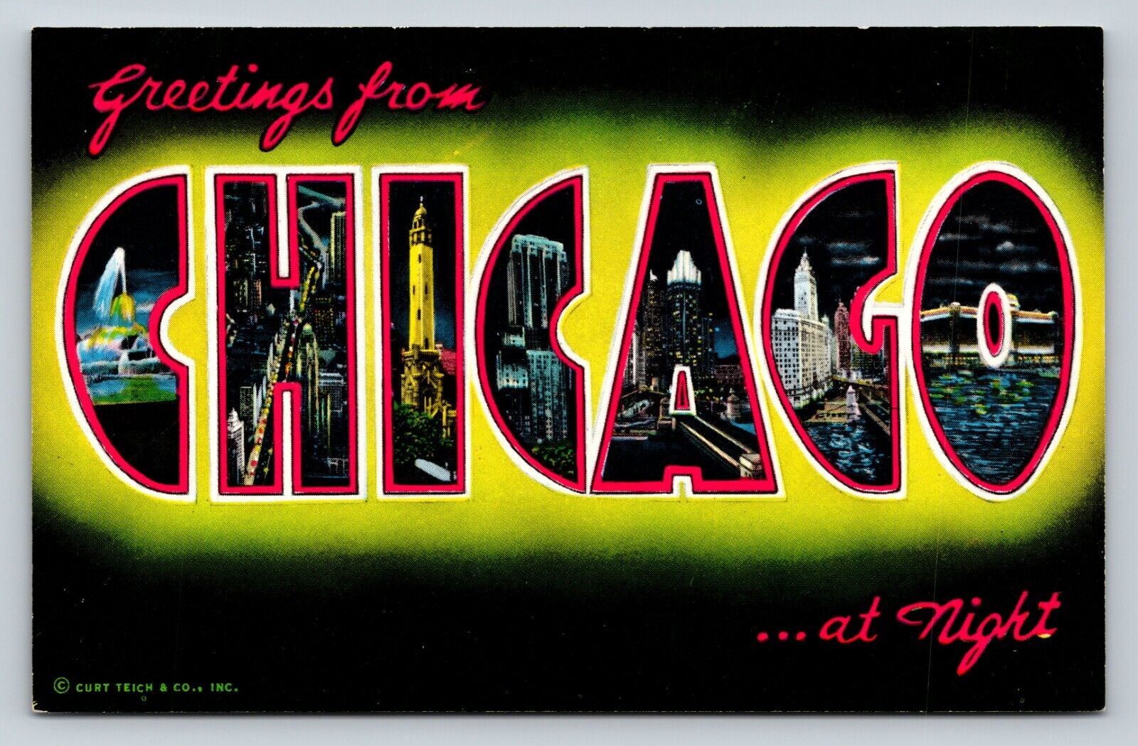 Greetings From Chicago Illinois At Night VINTAGE Postcard