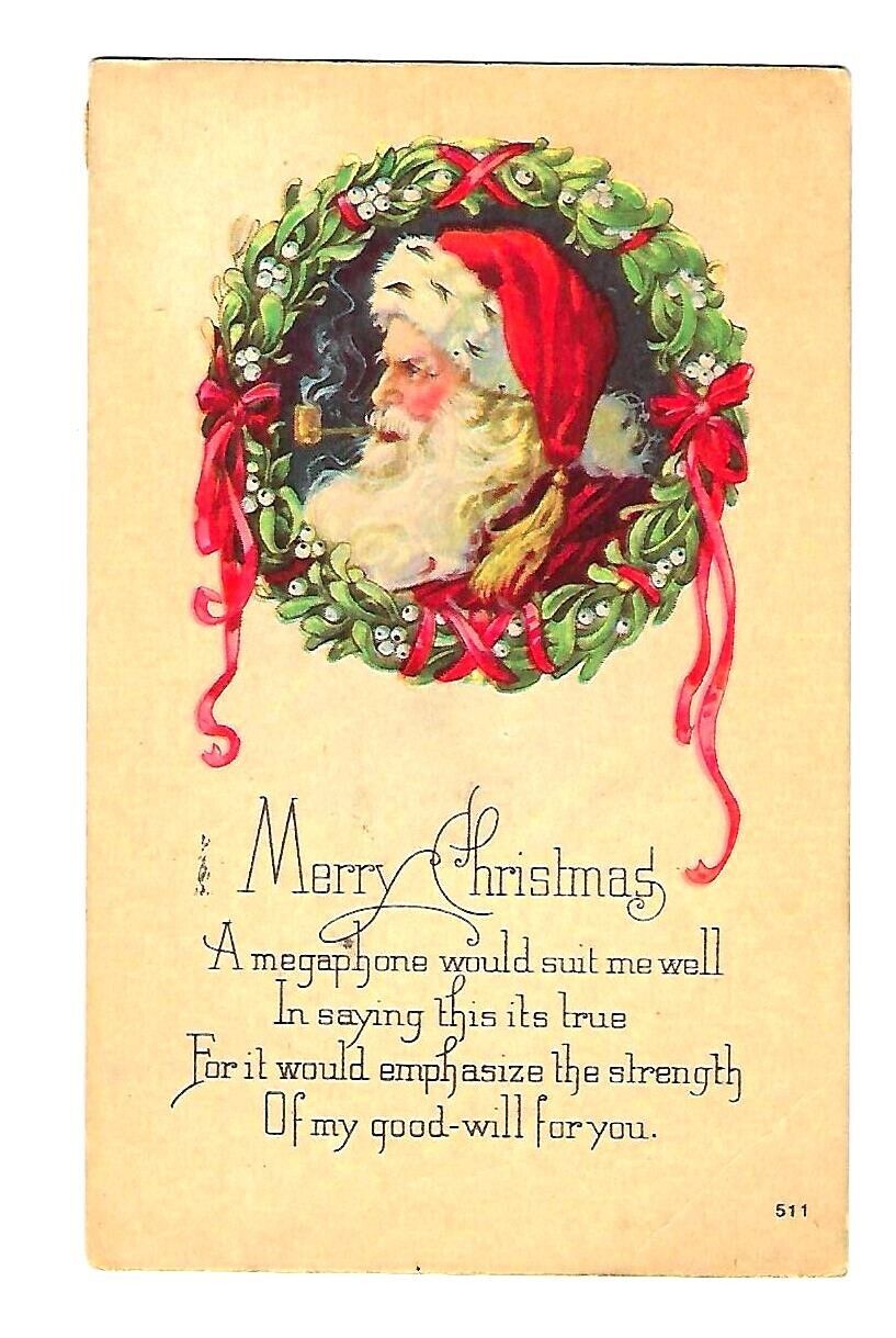 1928 Christmas Postcard Santa Smoking A Pipe- Wreath With Ribbons