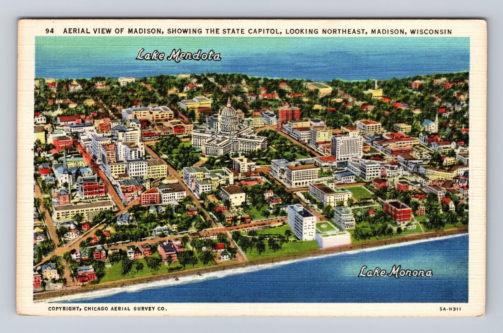 Madison WI-Wisconsin, Aerial Of Town Area, Antique, Vintage Souvenir Postcard
