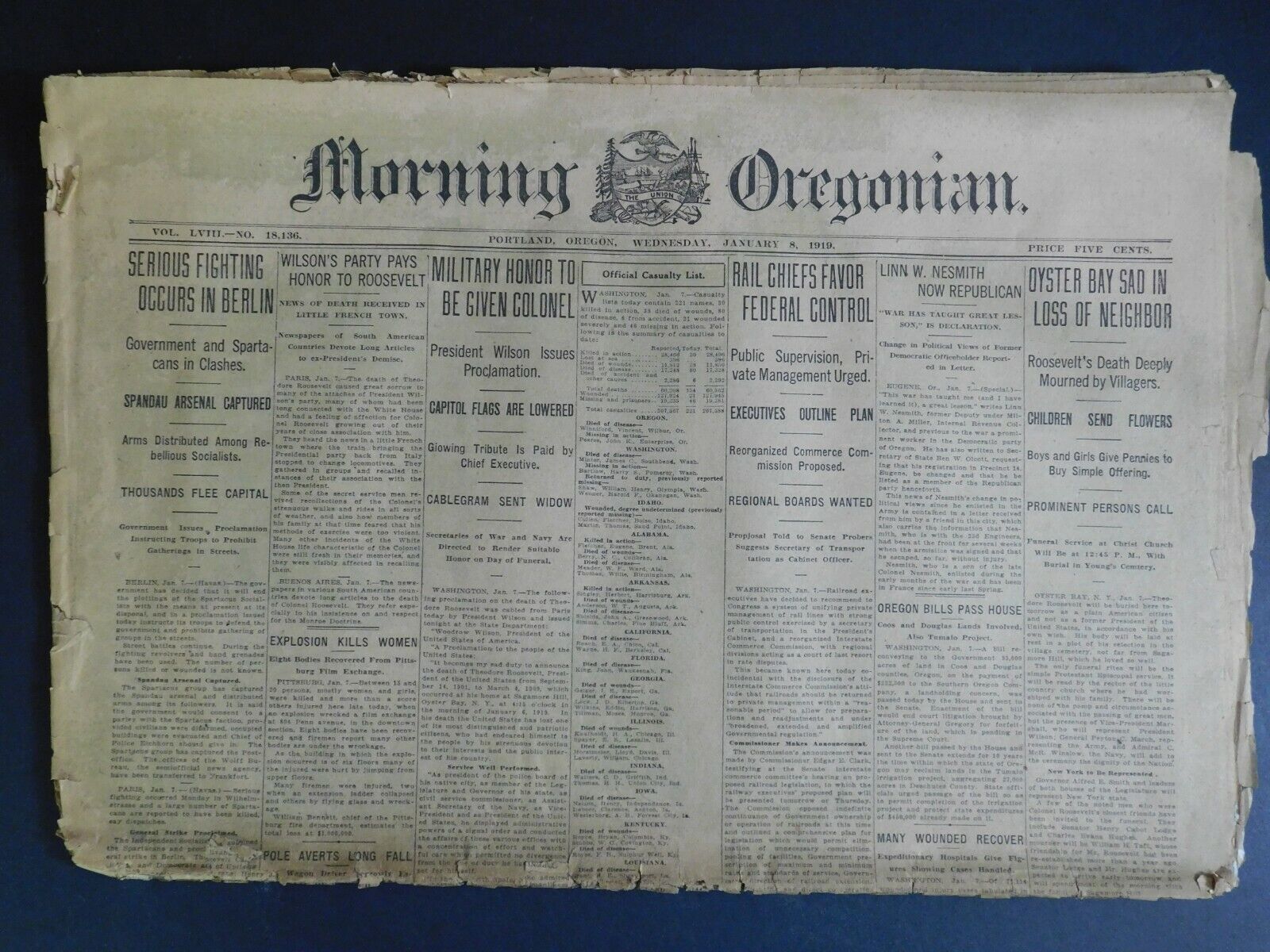 WWI Era Newspaper - Morning Oregonian - Jan 8 1919 - 19 pgs.