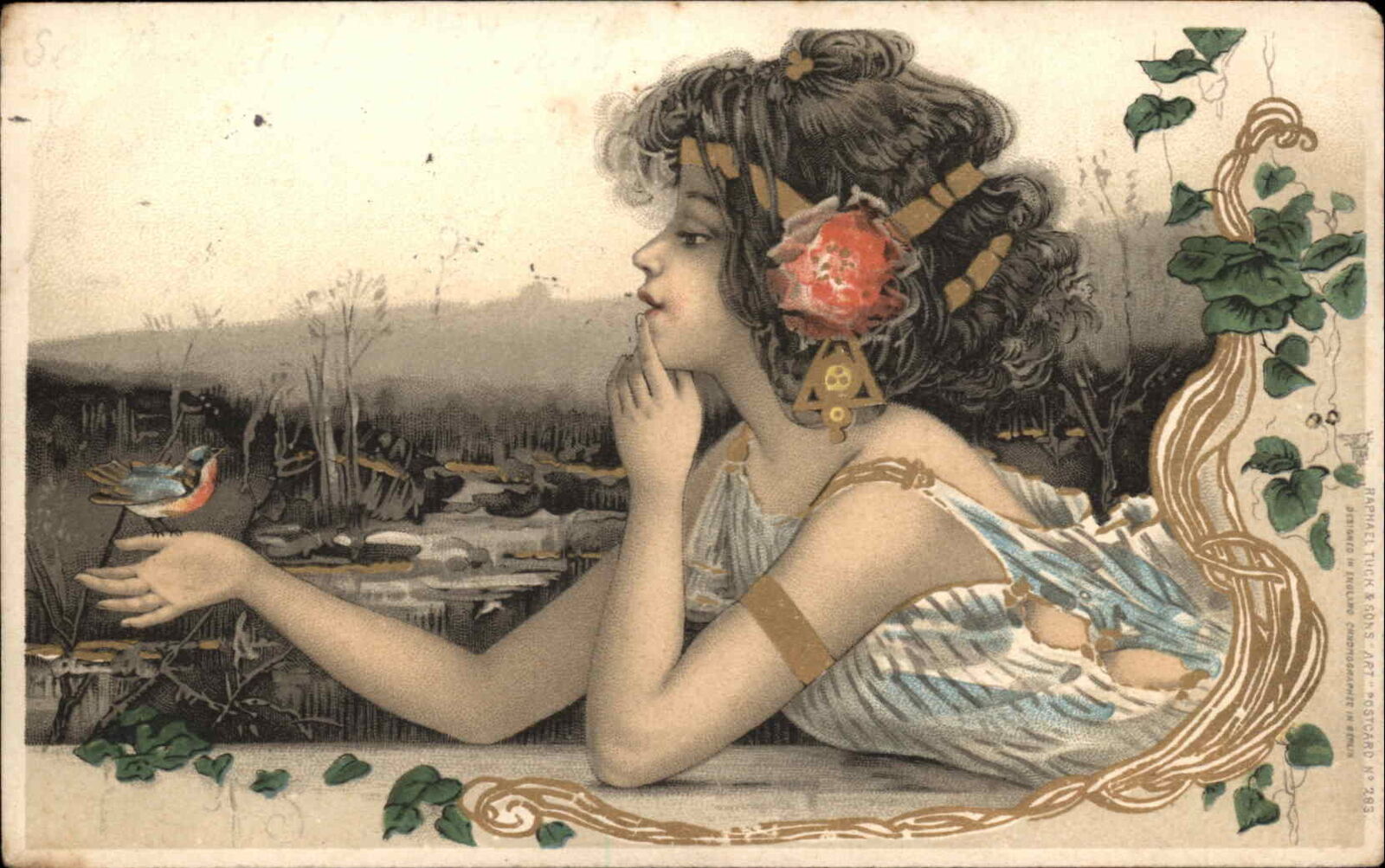 Beautiful Woman Art Nouveau Bird TUCK Art Series 283 c1905 Postcard