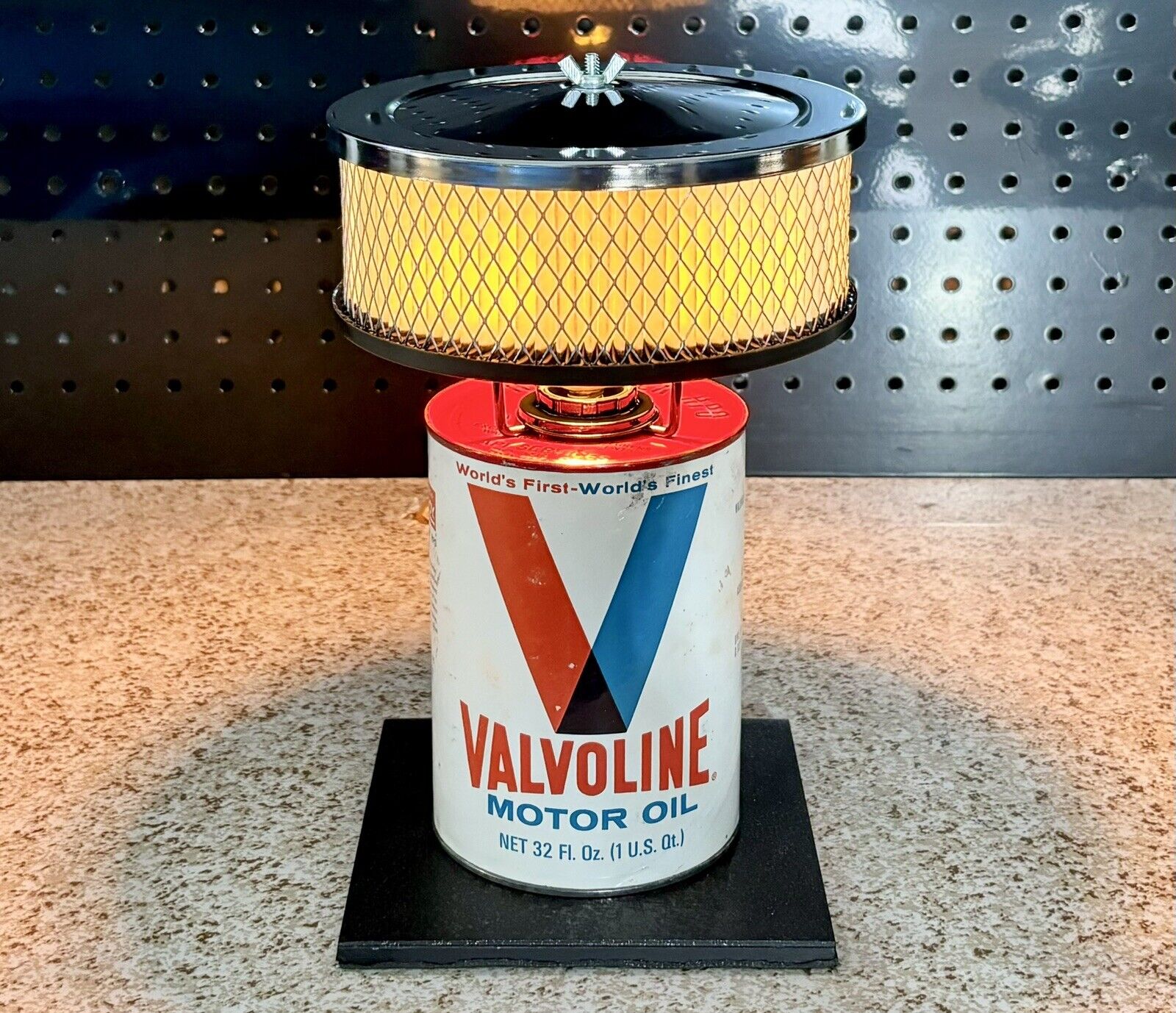 Authentic Premium Valvoline Red Top Oil Can Lamp with Chrome Air Cleaner Shade