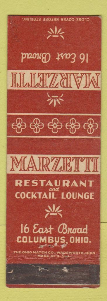 Matchbook Cover - Marzetti Restaurant Columbus OH