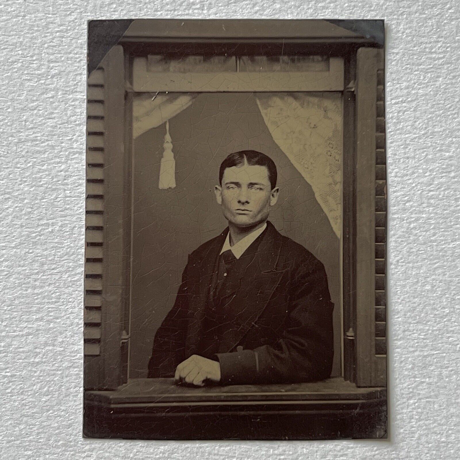Antique Tintype Photograph Handsome Young Man Looking Out Window Odd