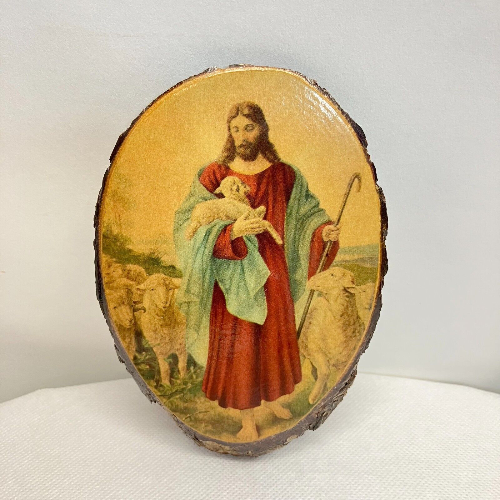 VTG Rustic Live Edge Bark Wood Oval Lacquered Wall Plaque Jesus The Good Shepard