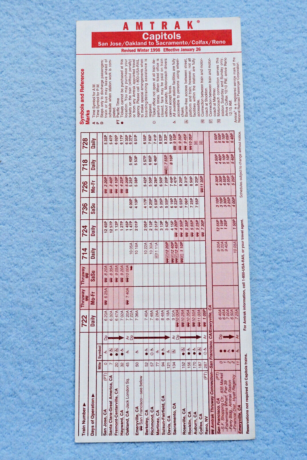 Amtrak Capitols Card - Revised Winter 1998