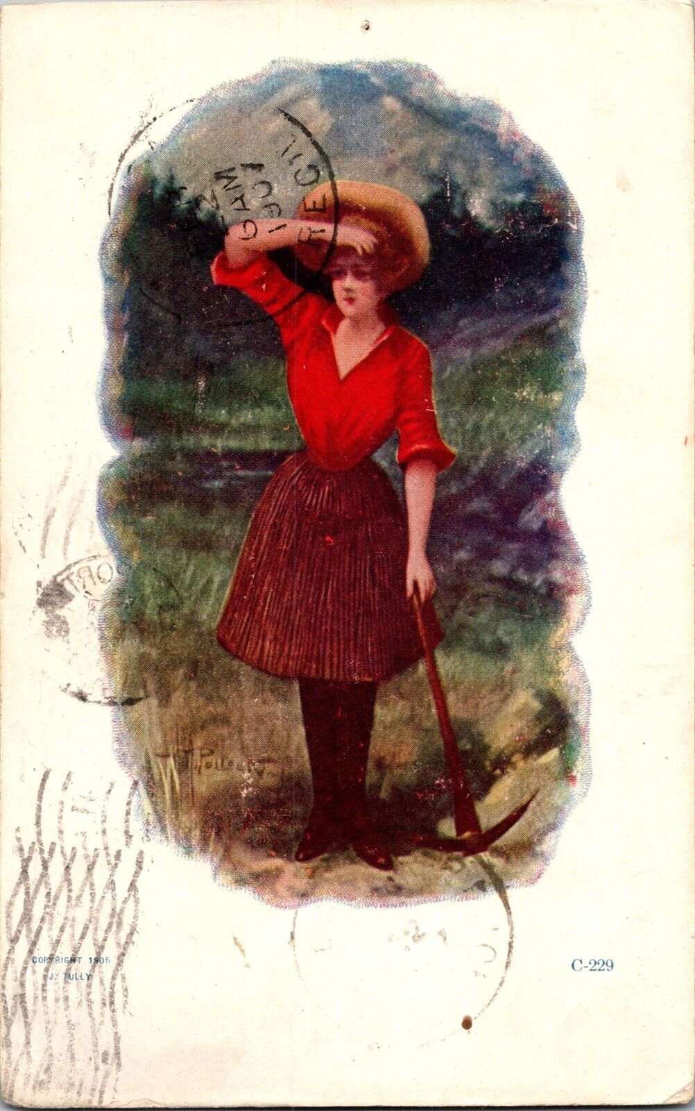 Woman with Pick Axe, Artist HM Pollock UDB Vintage Postcard I79