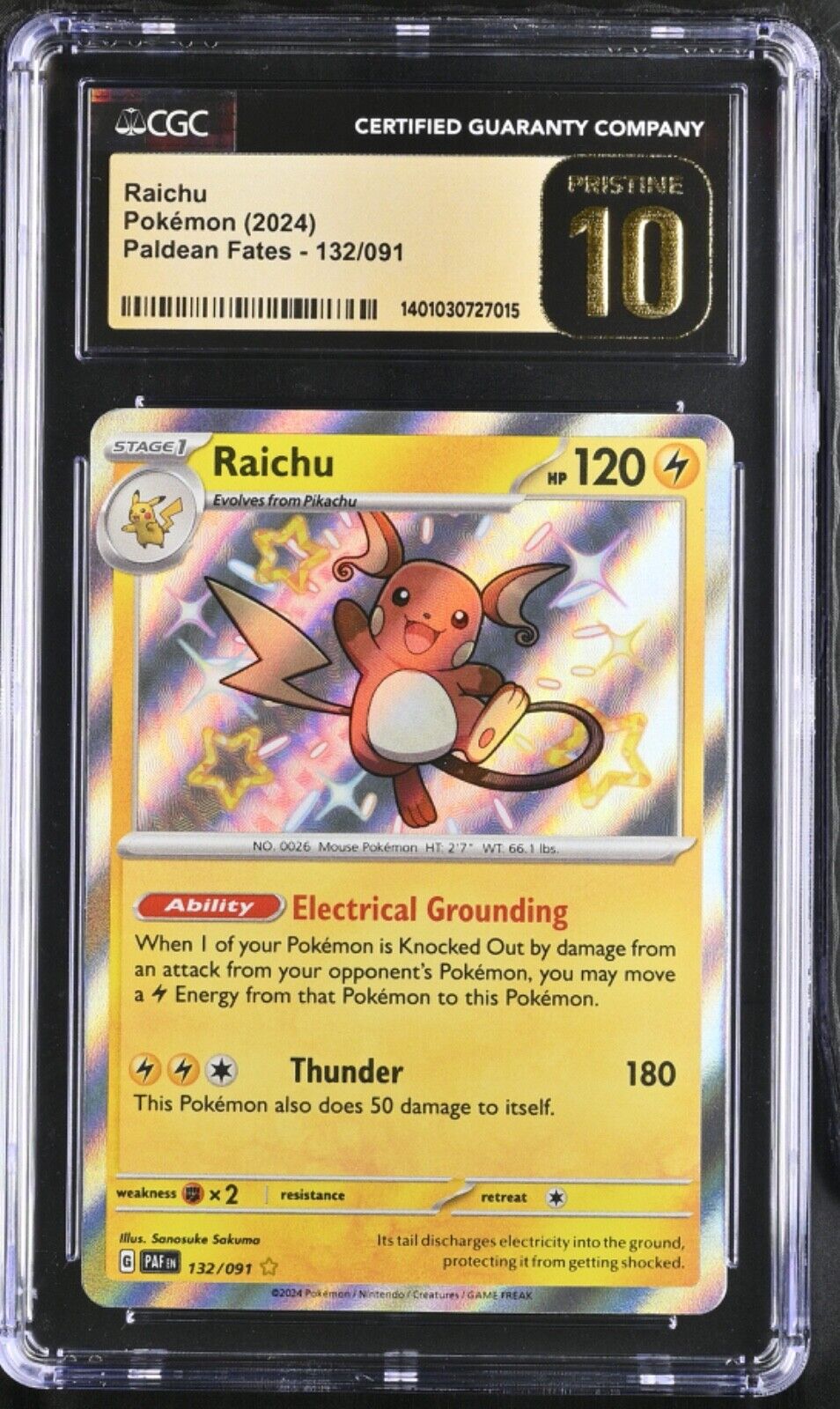 Pokemon Card Raichu 132/091 Shiny Paldean Fates CGC Pristine 10