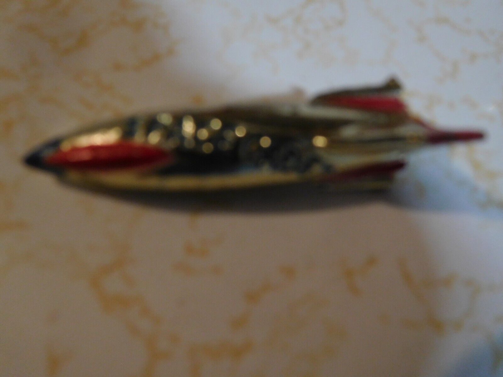 Rare Vintage Rocket Ship SPACE CADET Lettered 2 inch Metal Red/Blue Pin
