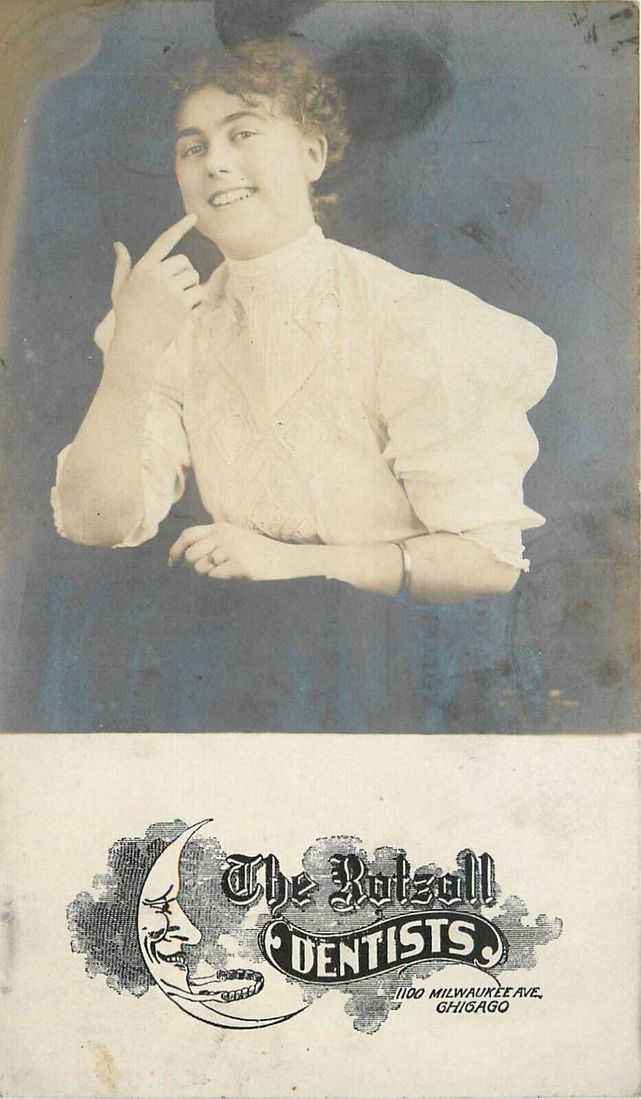 Postcard RPPC 1914 Illinois Chicago Rotzall Dentist advertising woman IL24-980