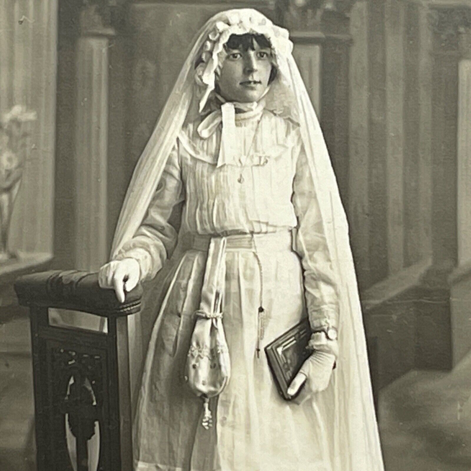 Antique Photo Board Mounted Girl White Dress Veil Gloves 1st Communion France