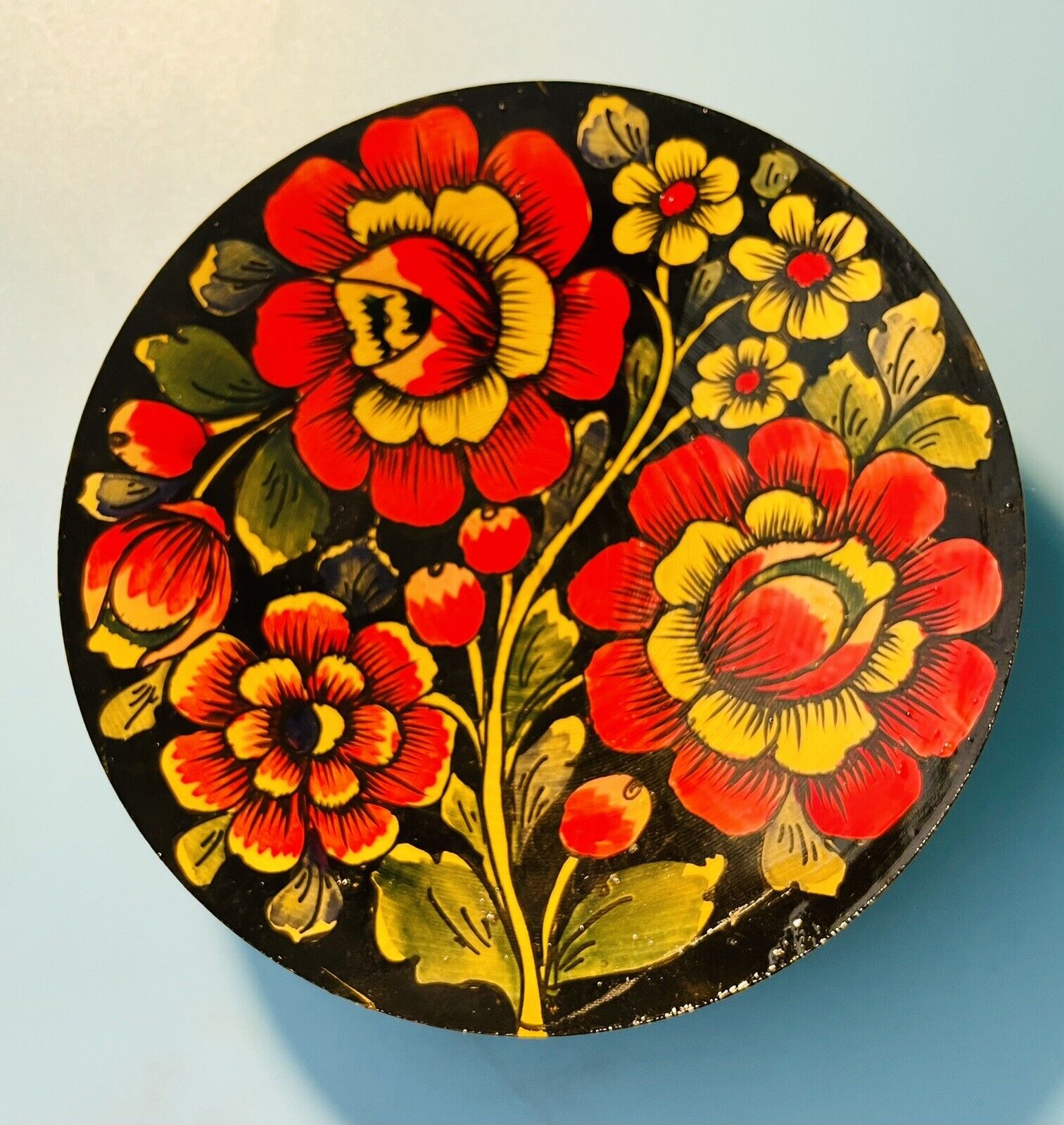USSR Hand Painted Lacquered Floral Wooden Plate 6\