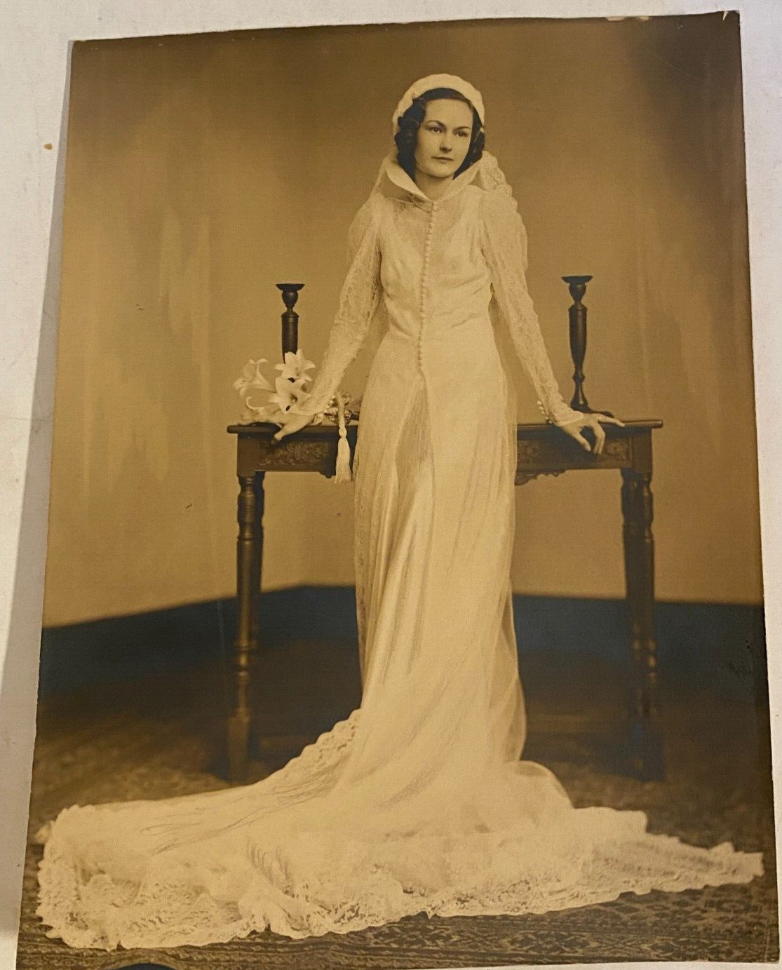 1930s 7x9 Black and White Photograph of Beautiful Bride in Her Wedding Dress