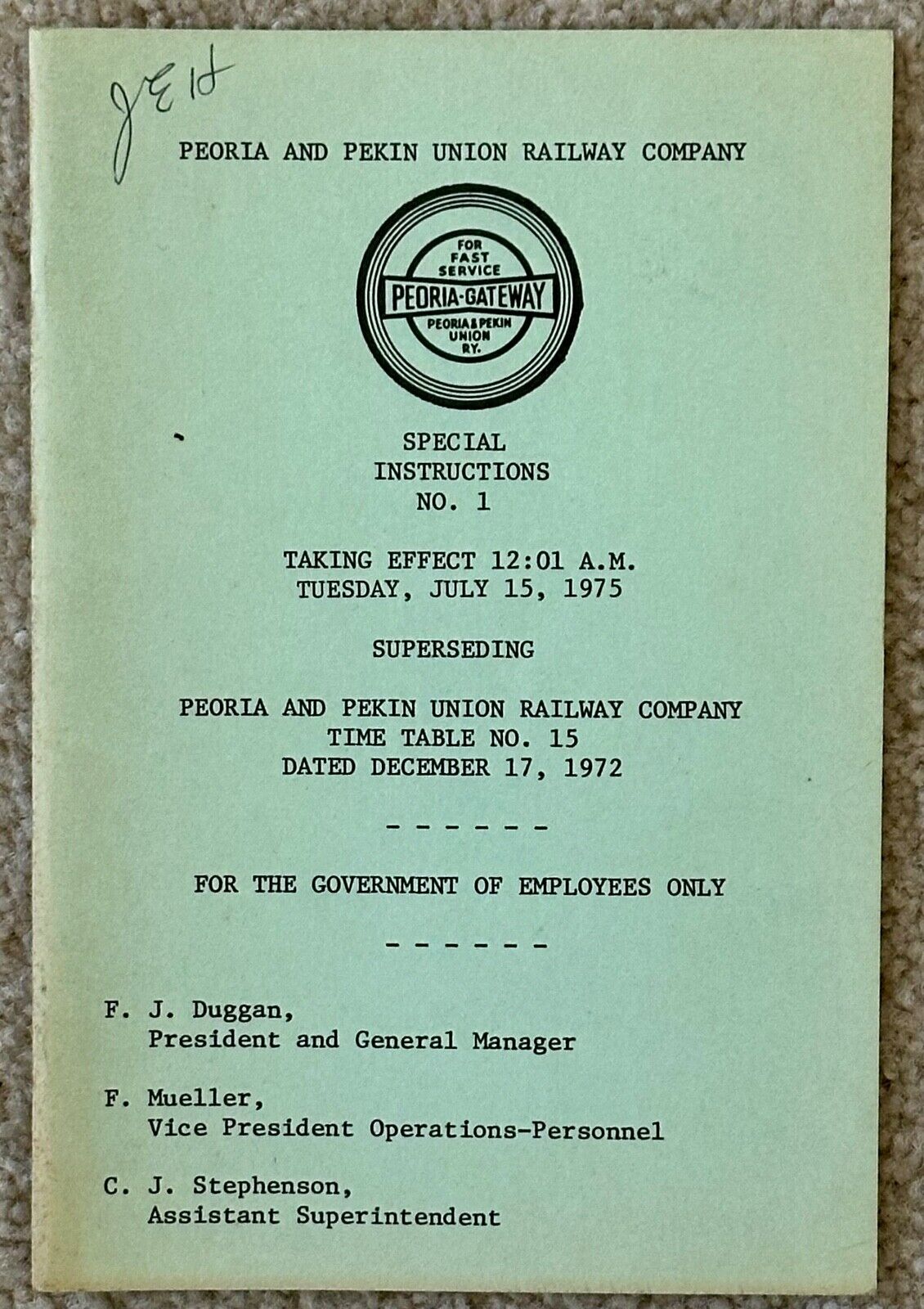 Peoria and Pekin Union Railway Company Instruction Booklet 1975
