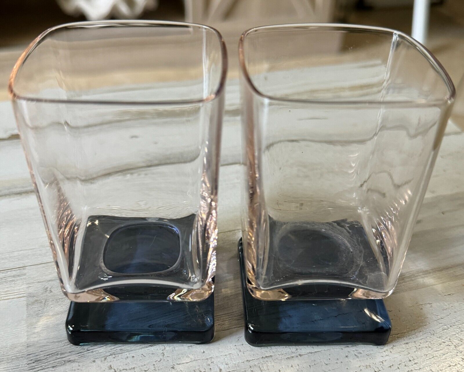 Pair Vintage DiSaronno Amaretto Pink & Blue Square Pedestal Cocktail Glasses