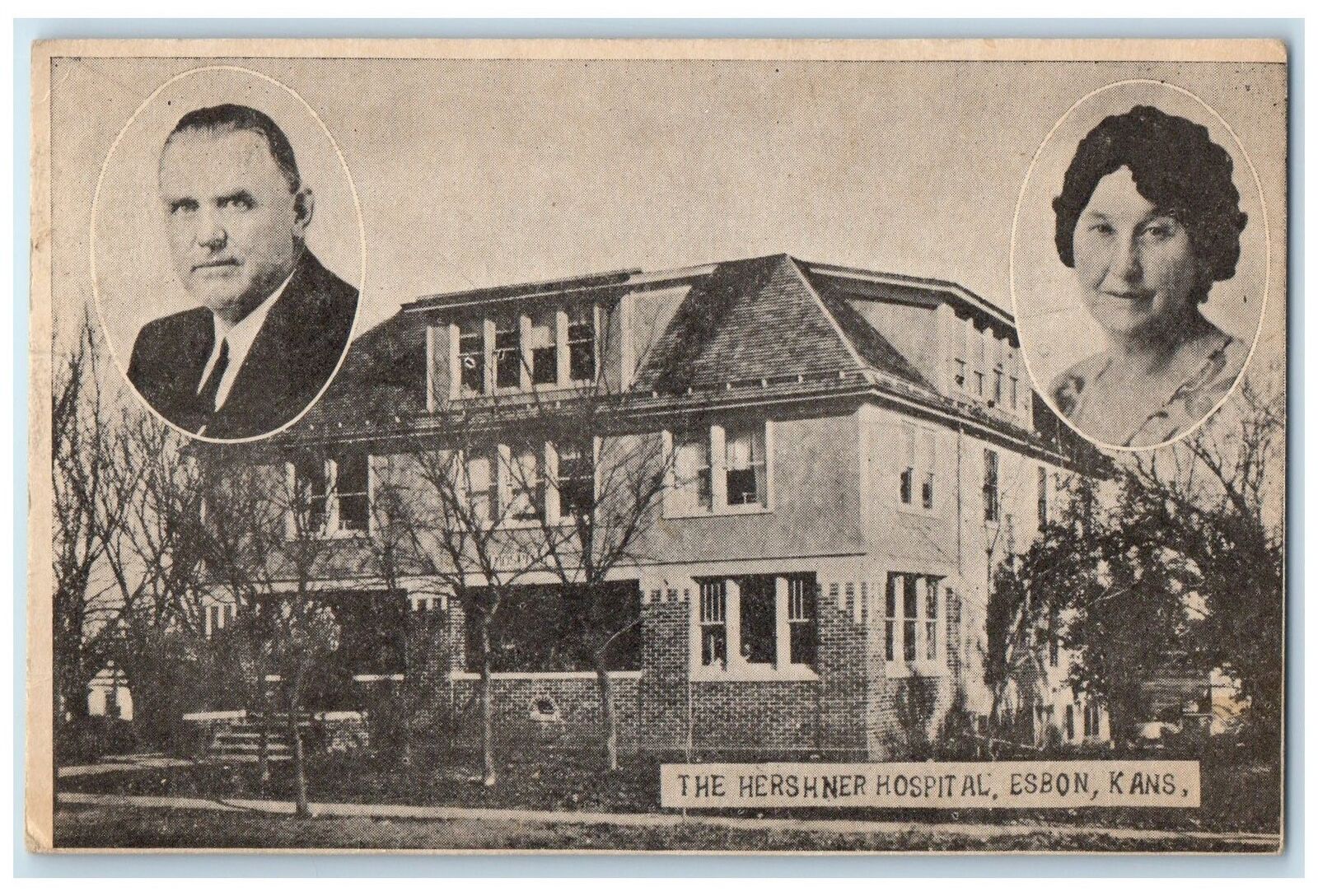 c1905 The Hershner Hospital Old Building Pathways Steps Esbon Kansas KS Postcard