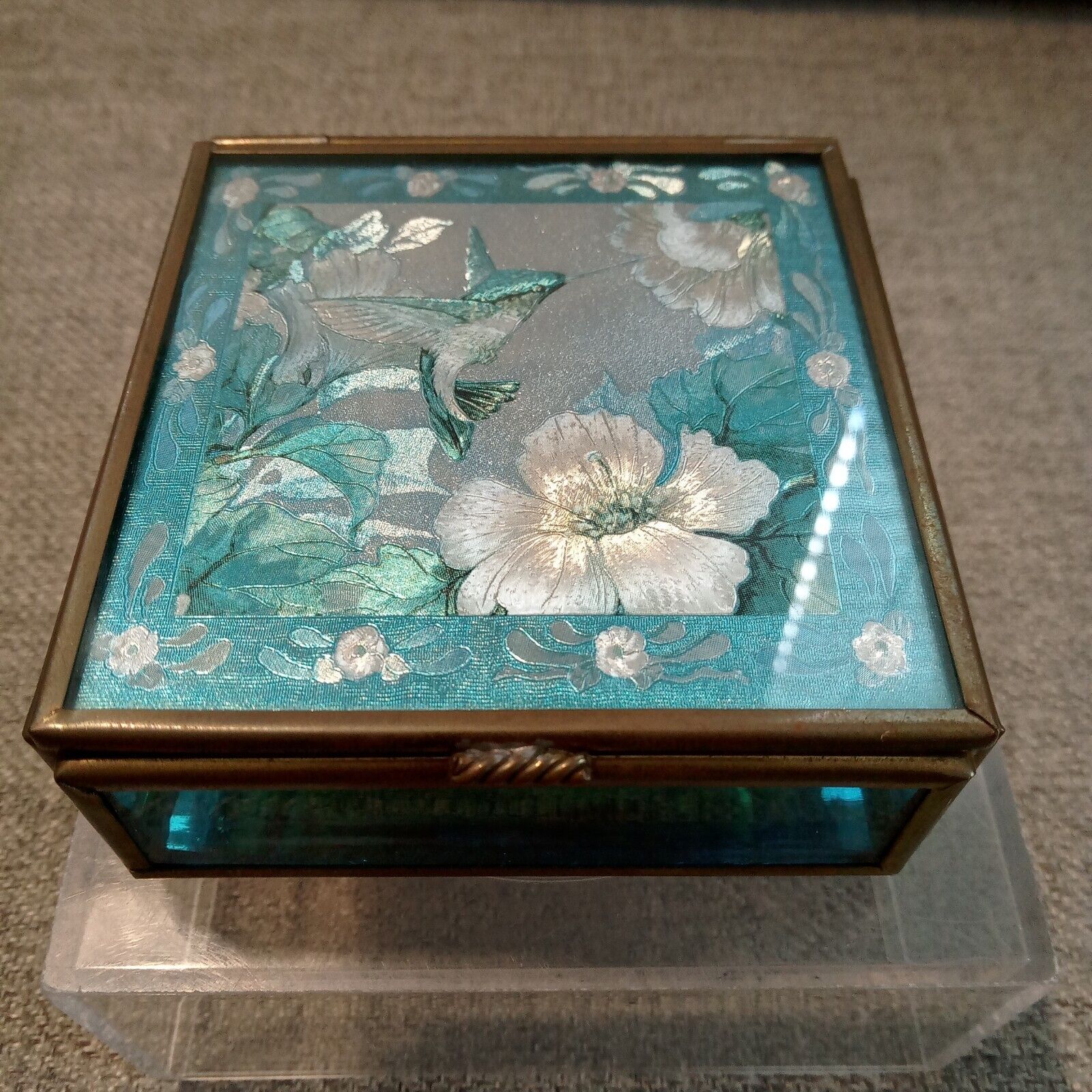 Vintage Enesco Glass & Brass Hummingbird Trinket Jewelry Box