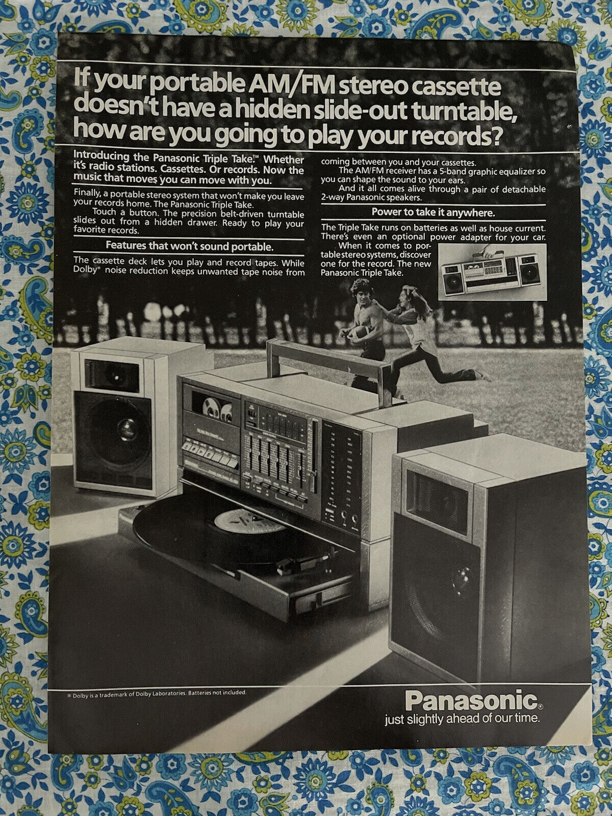 Vintage 1985 Panasonic Triple Take Print Ad Portable Turntable Cassette Stereo