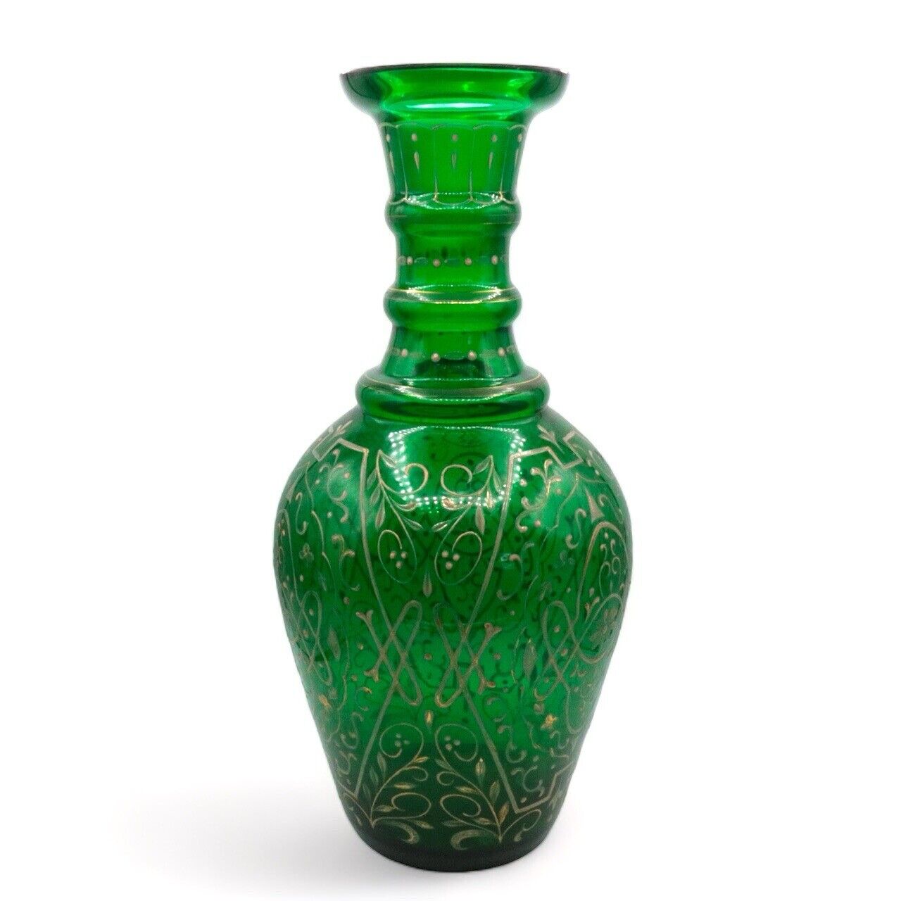 Large Antique Green Bohemian Gilt Enameled Glass Decanter Bottle 17\
