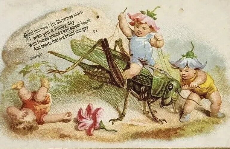 ca. 1880\'s Vintage Victorian Greeting Card Flower babies Playing w/ Grasshopper.