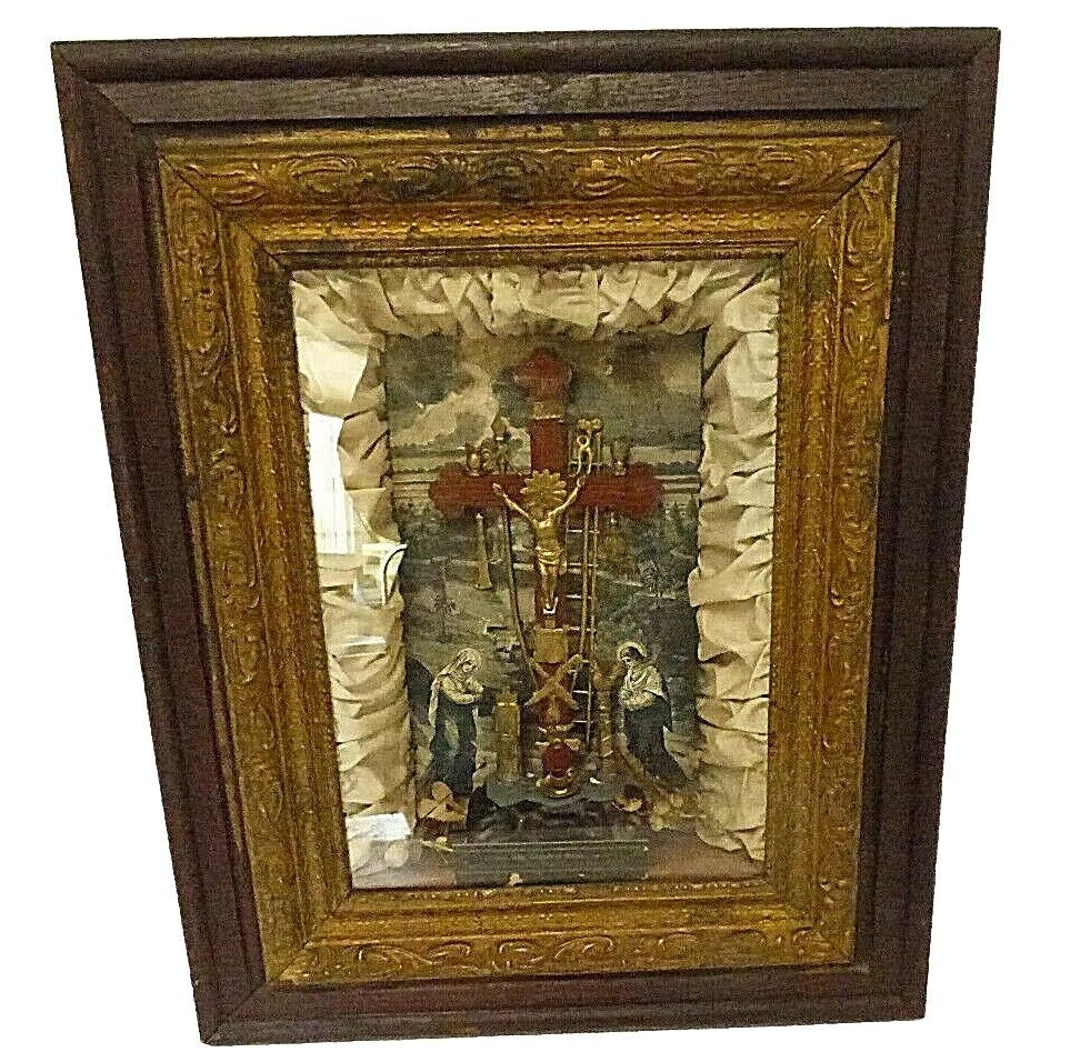 RARE Antique 1877 Catholic Crucifix 'Tools of the Passion' Shadow Box Wall Art