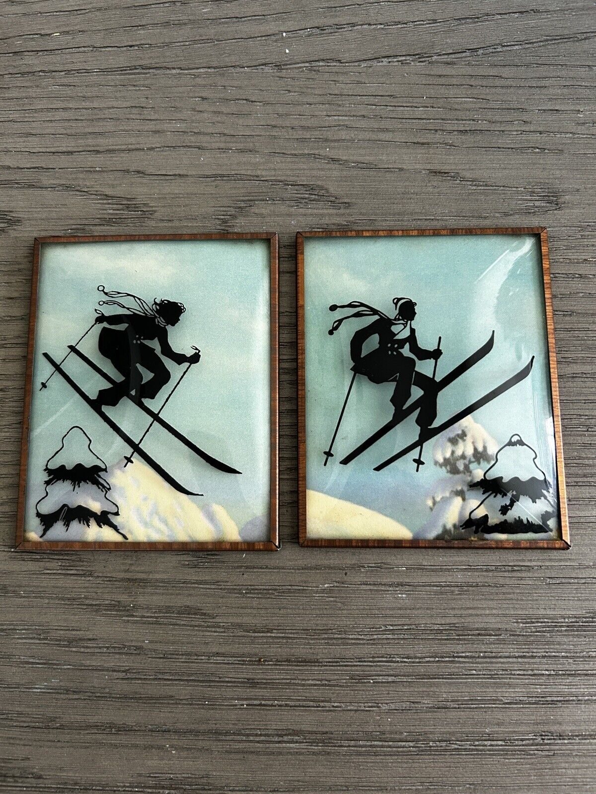 Vintage 1940s Reverse Painting on Glass - Skier - Silhouettes