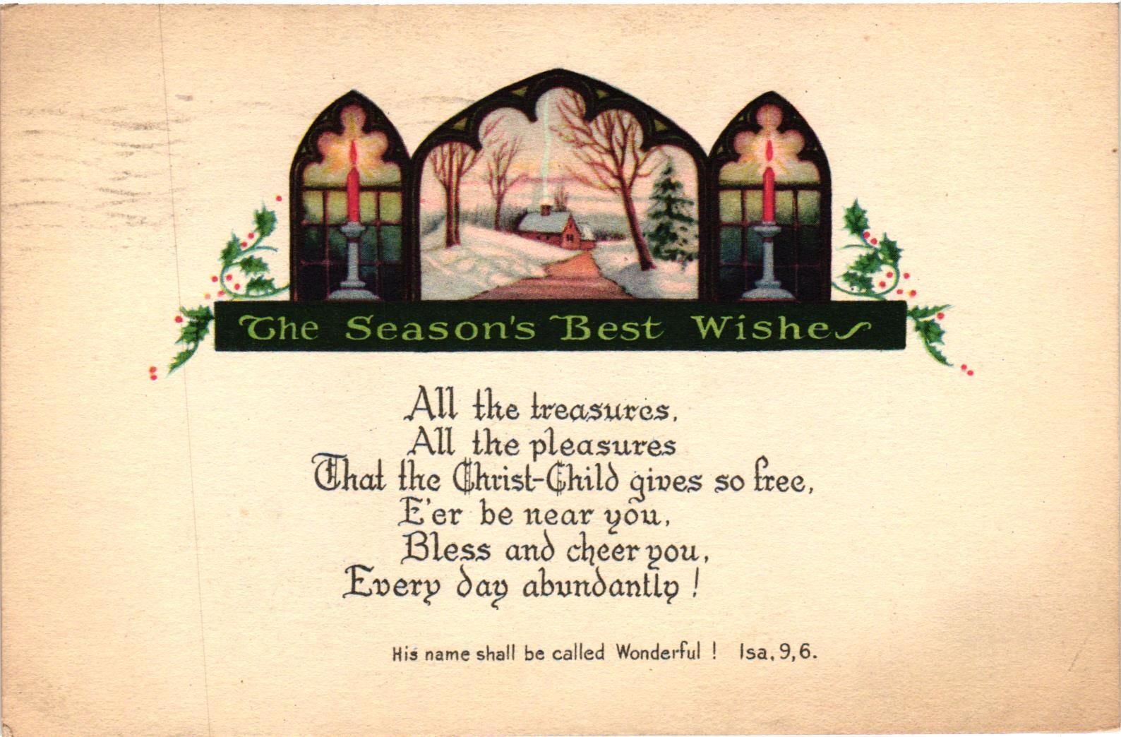 Vintage Postcard- THE SEASON'S BEST WISHES, ALL THE TREASURES, STAIN Posted 1910