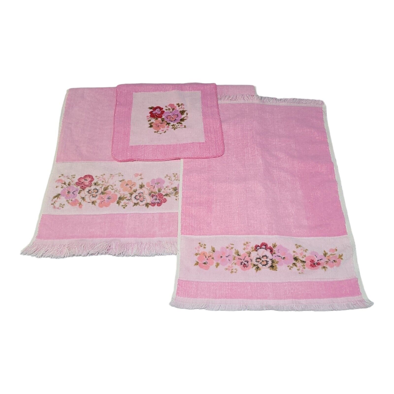 Vintage 3 Piece Towel Set JCPenney Pink Pansy Fringe Floral Bath Hamd Washcloth