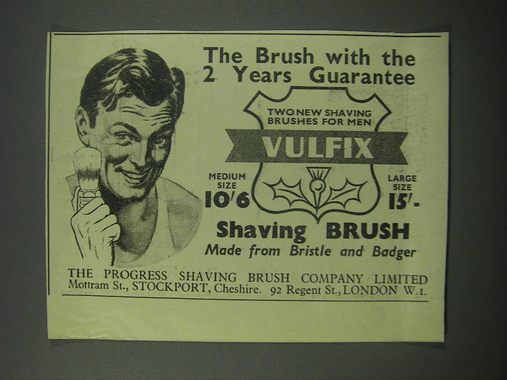1954 Vulfix Shaving Brush Advertisement- The brush with the 2 years guarantee