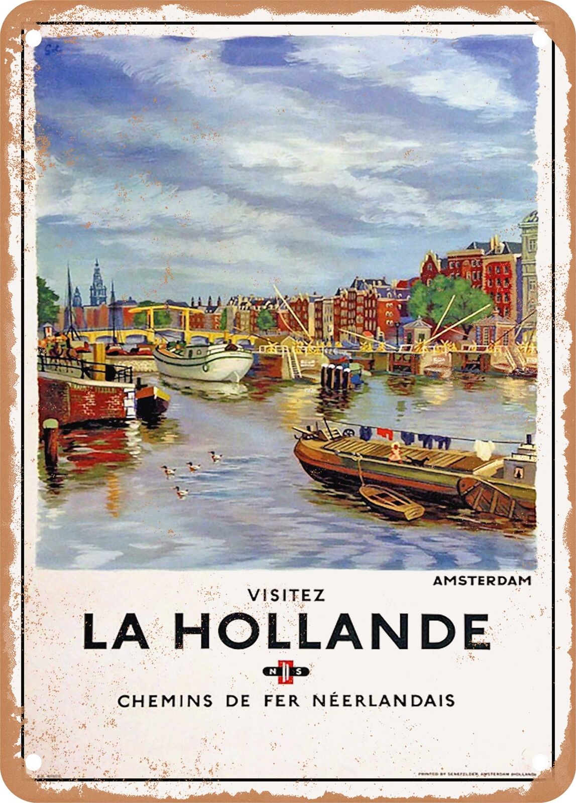 METAL SIGN - 1950 Visit Holland Amsterdam Dutch Railways Vintage Ad