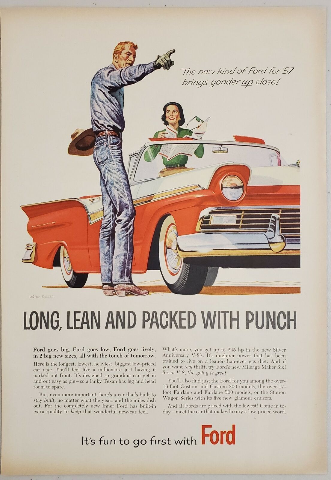 1957 Print Ad Ford Galaxie 500 Convertible Tall,Lean Cowboy Gives Lady Direction