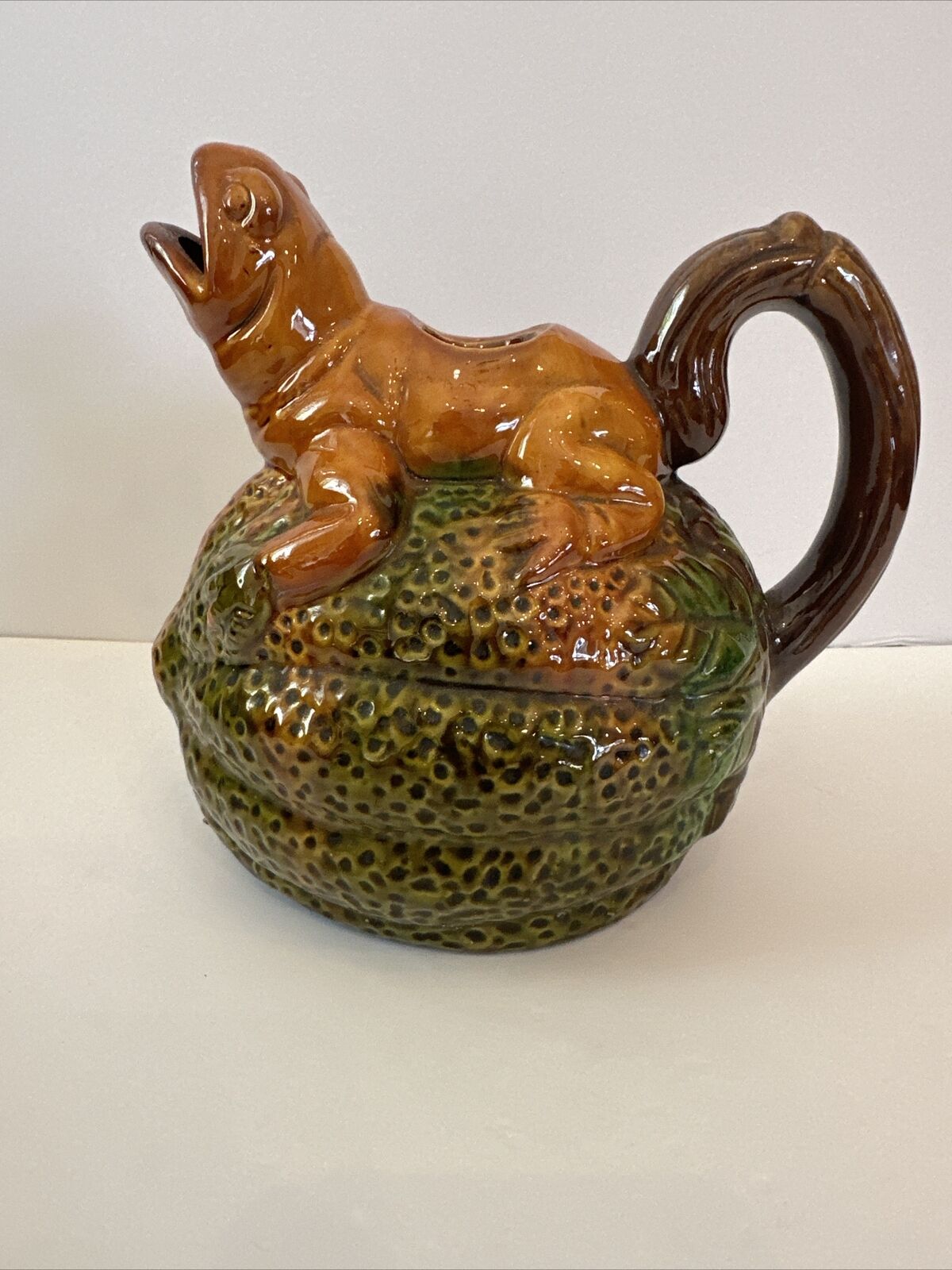Brown and Green Frog on Melon Decorative Pitcher Vintage