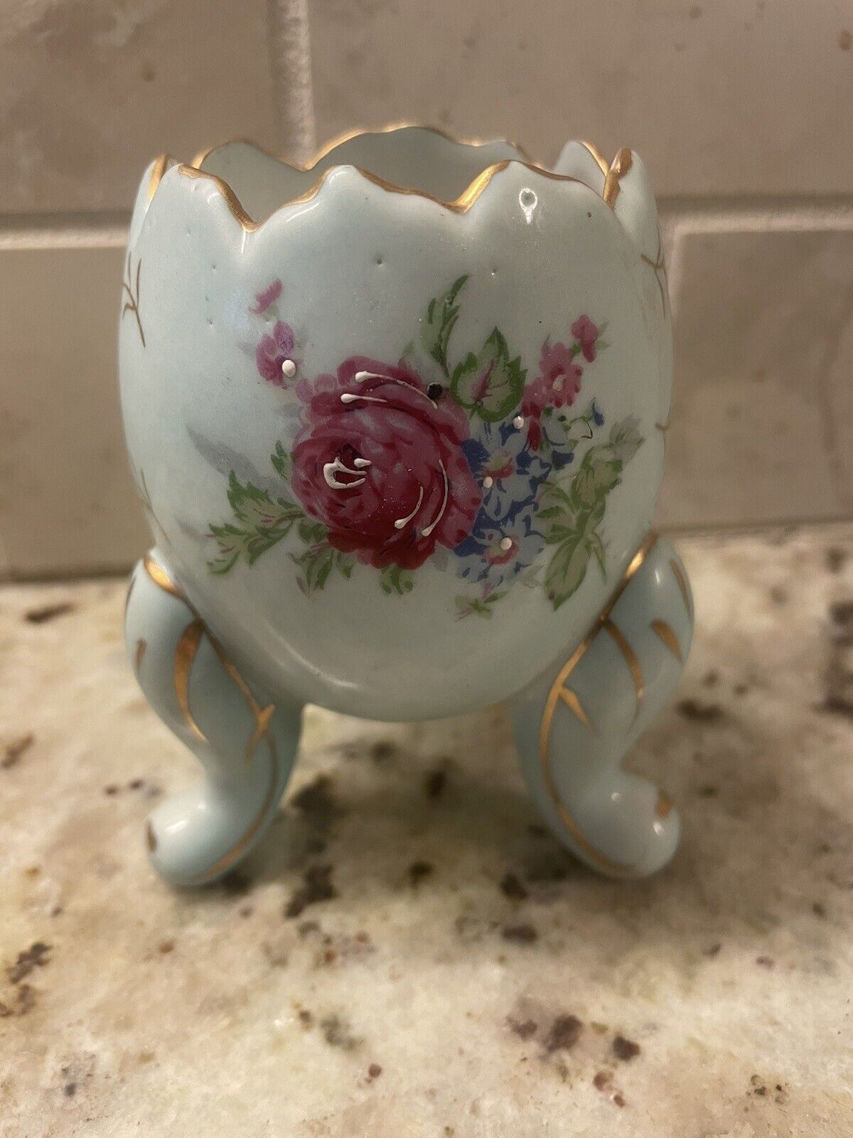Vintage Napcoware Egg Porcelain Footed Vase Blue Roses Gold Trim