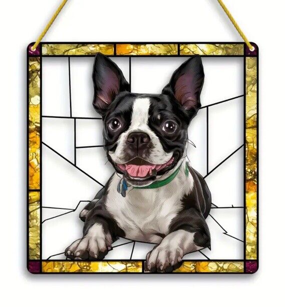 Boston Terrier Suncatcher, Acrylic Dog  Window Hanging Art 7.9 X 7.9