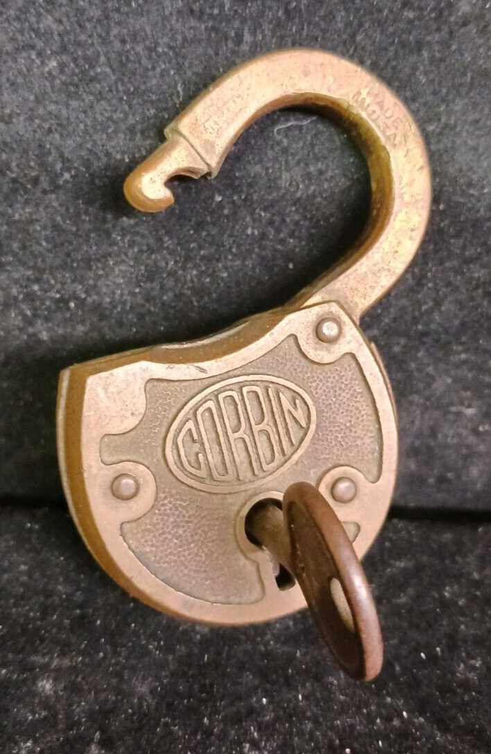 Antique Brass Corbin padlock Em7 w/ key Em9