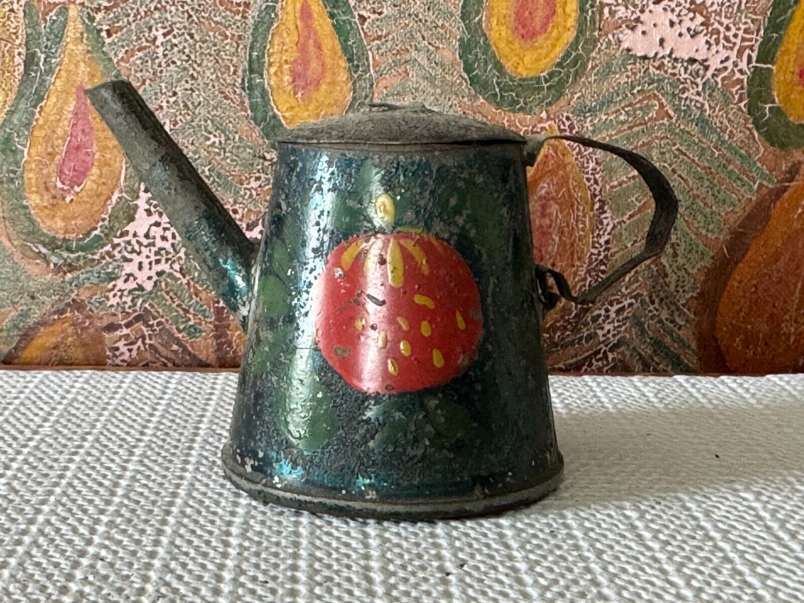 Antique Primitive Hand Painted Decorative Strawberry Tole Tinware Child's Teapot