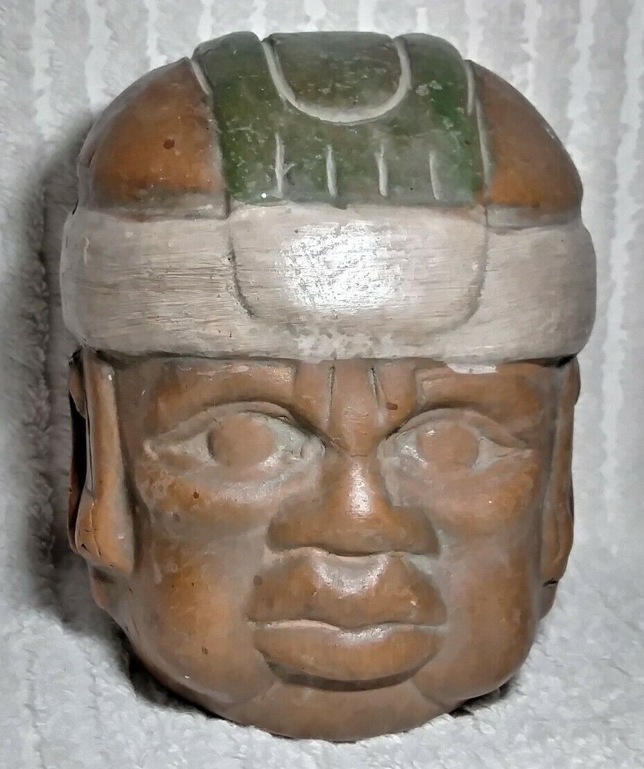 Vintage Olmec Head Sculpture Helmut Terra Cotta Clay Art 5\