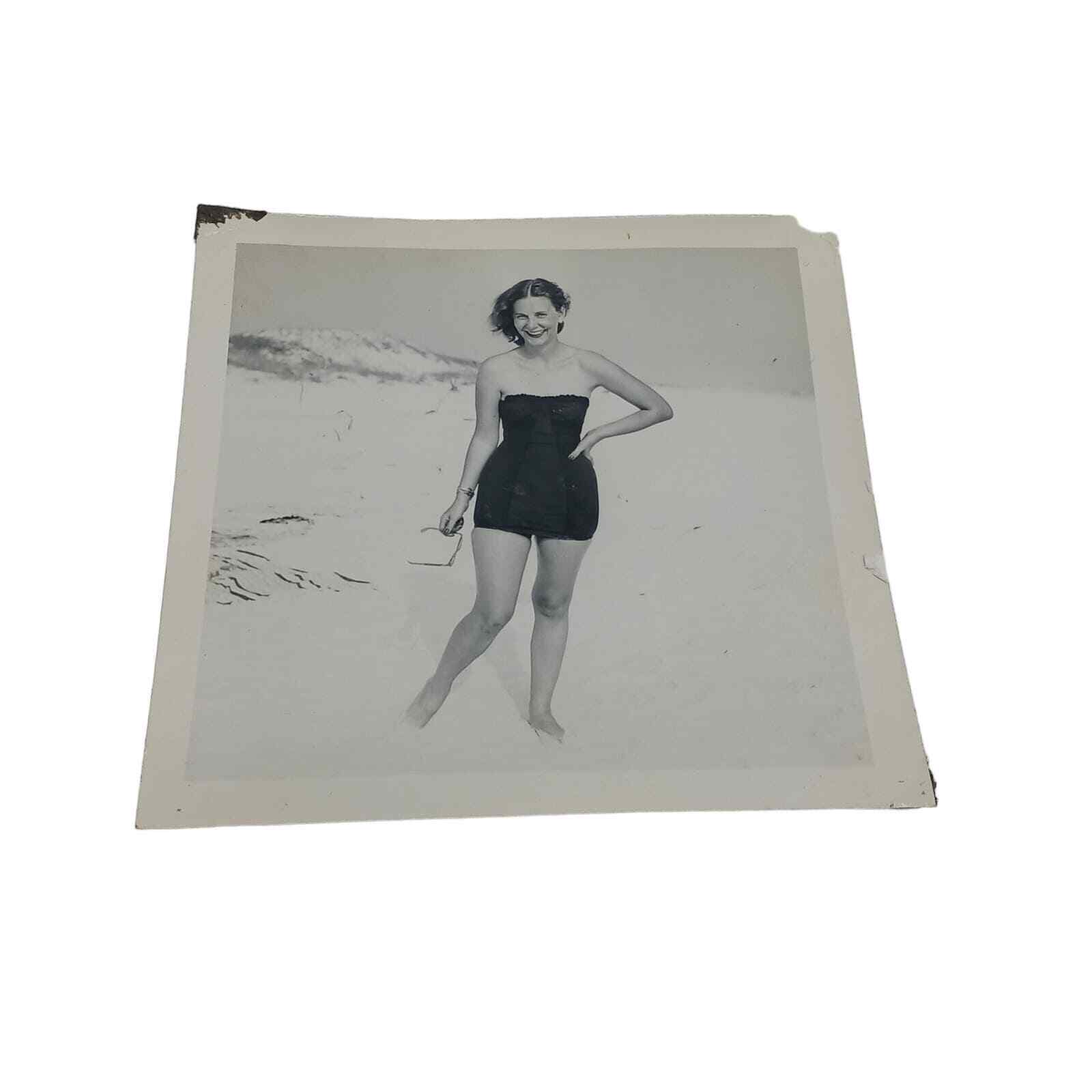 Pretty Woman Posing in One Piece Swimsuit 1951 at Panama Beach Florida 1950s
