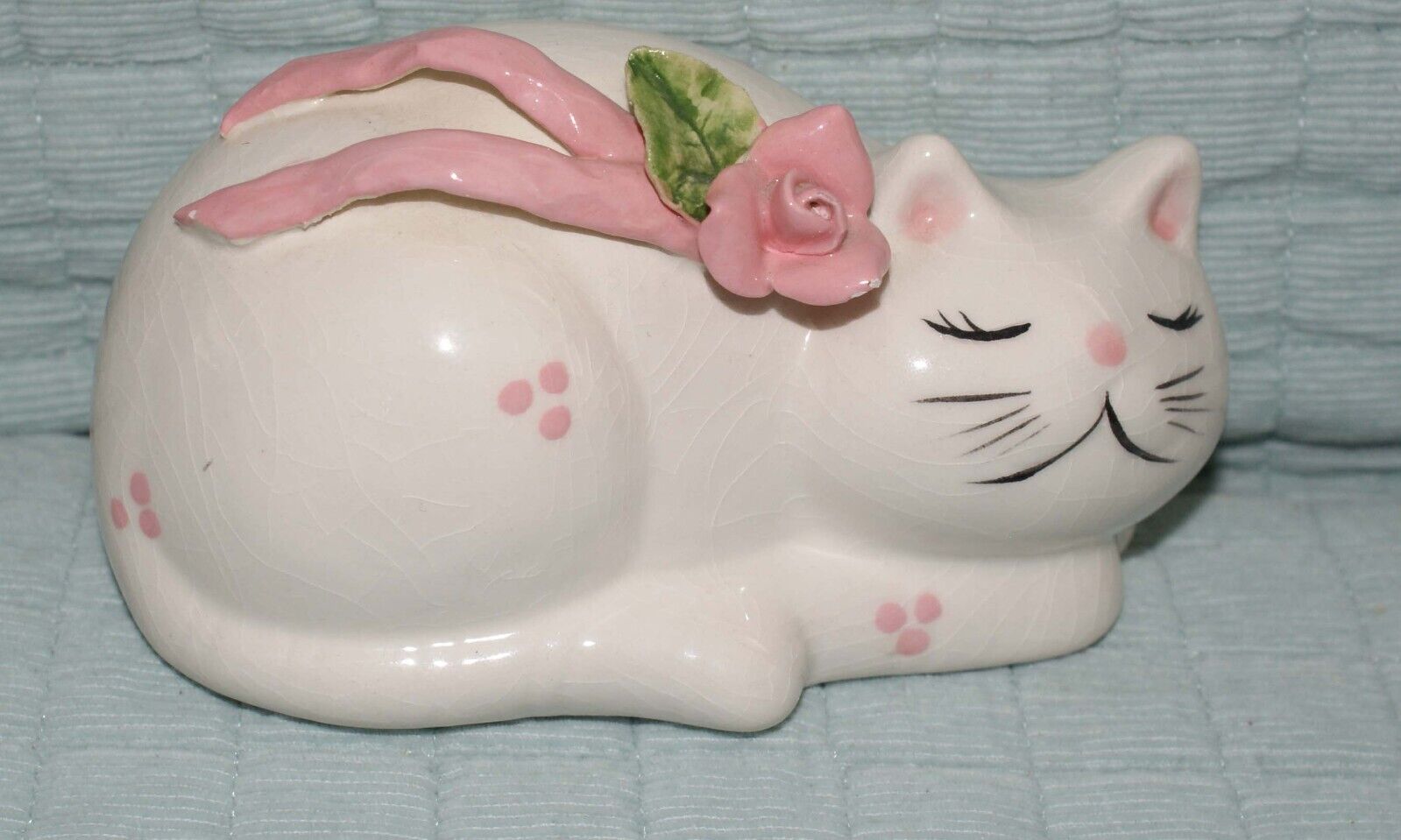 Vintage Kitty Cat Ceramic Pink Ribbon Flowers Betlar  Inc. Freemont Ca Fast Ship