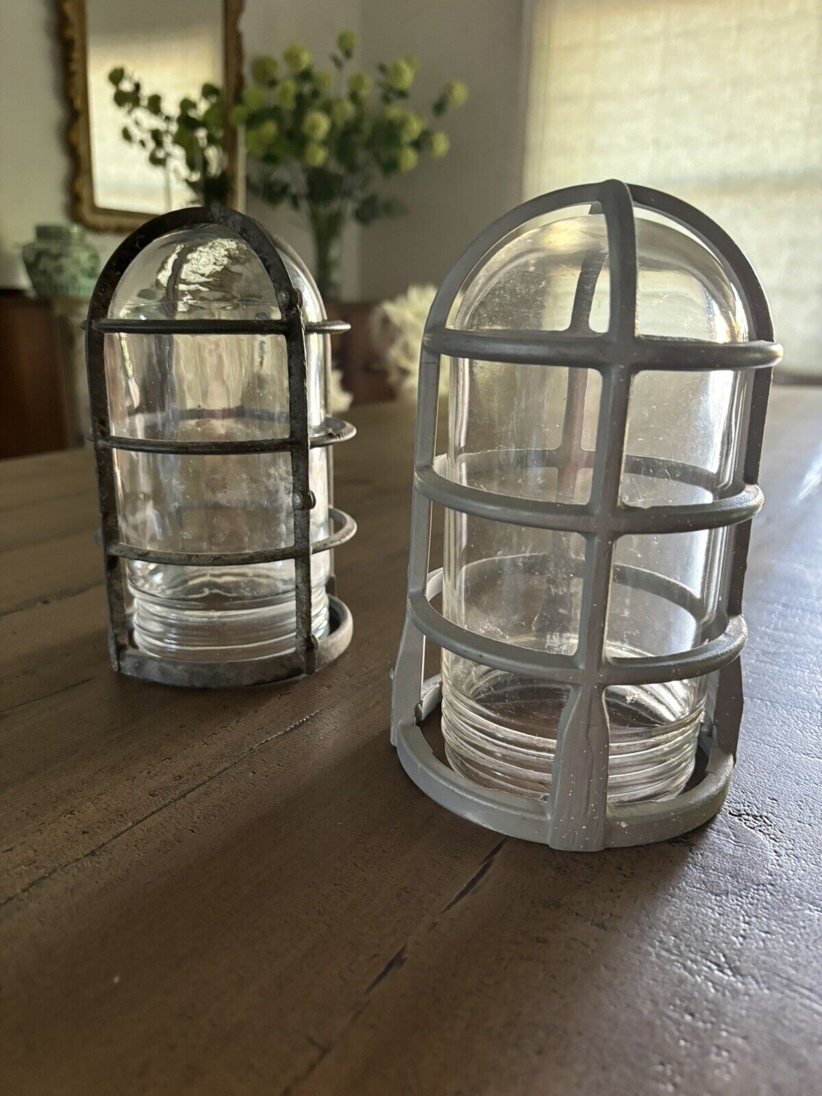 Pair Of Vintage Industrial Iron Cage Explosion Proof Light Fixtures