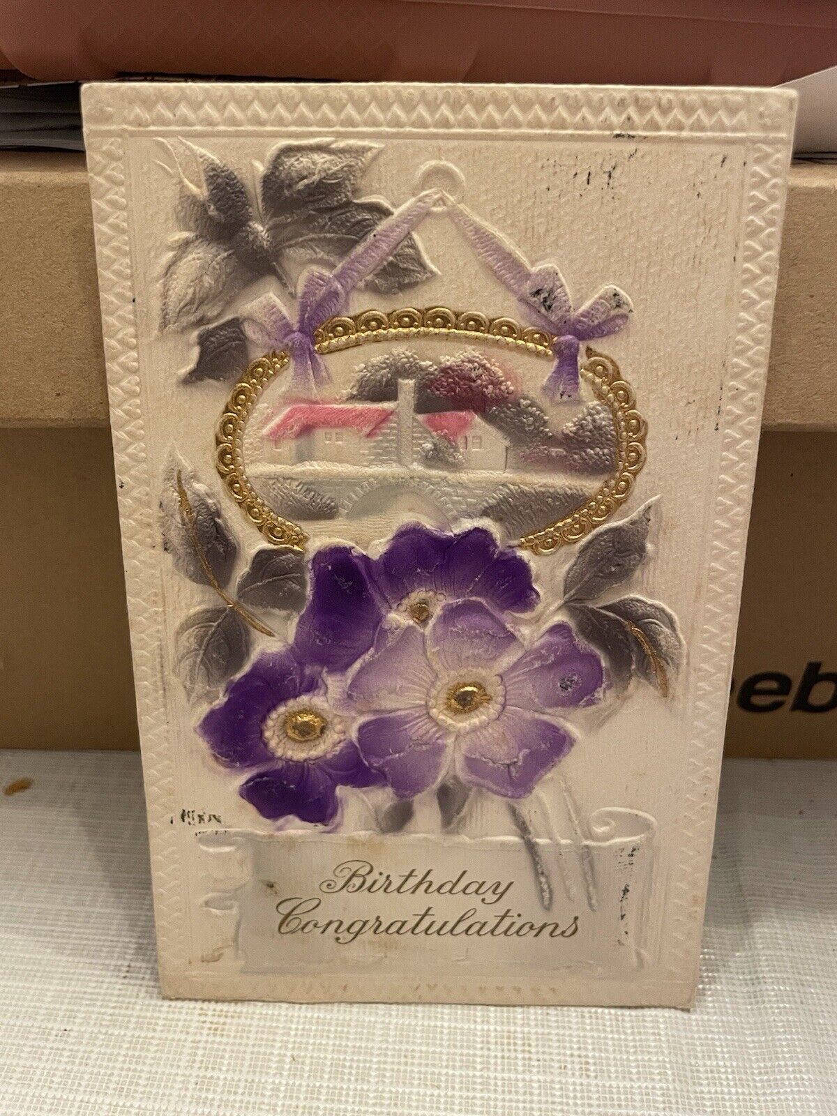 Vtg Postcard Embossed & Airbrushed Birthday Congratulations 1914