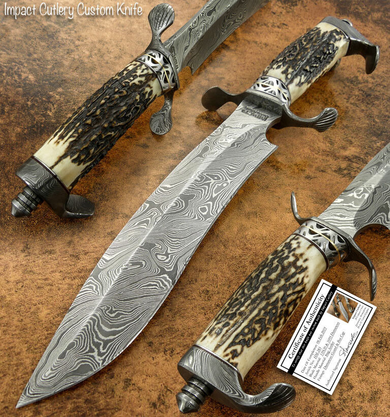 IMPACT CUTLERY UNIQUE CUSTOM DAMASCUS SASQUATCH BOWIE KNIFE STAG ANTLER