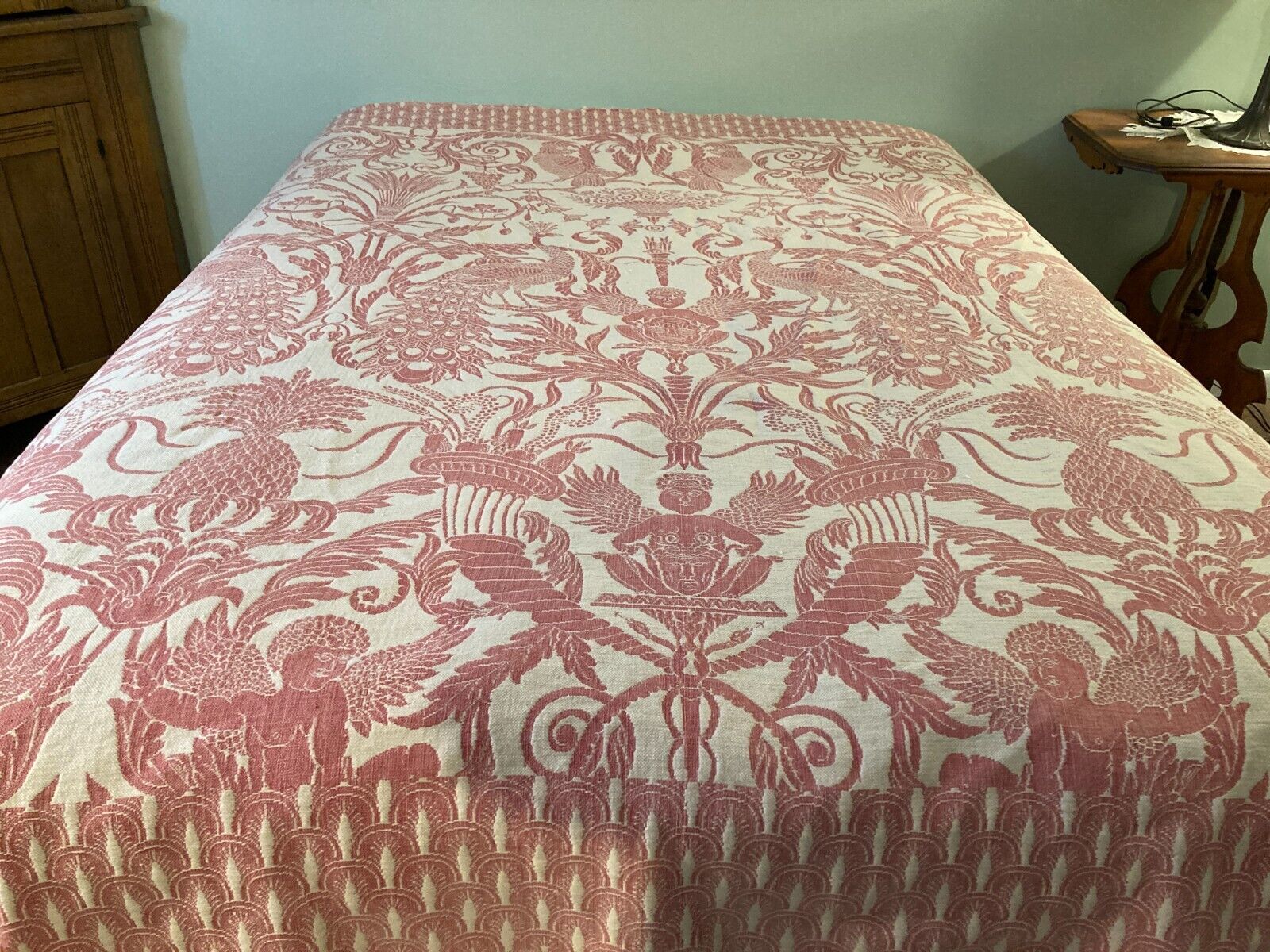 Antique  Red and White Hand Woven Coverlet Coconuts, Cherubs Peacocks, Parrots,