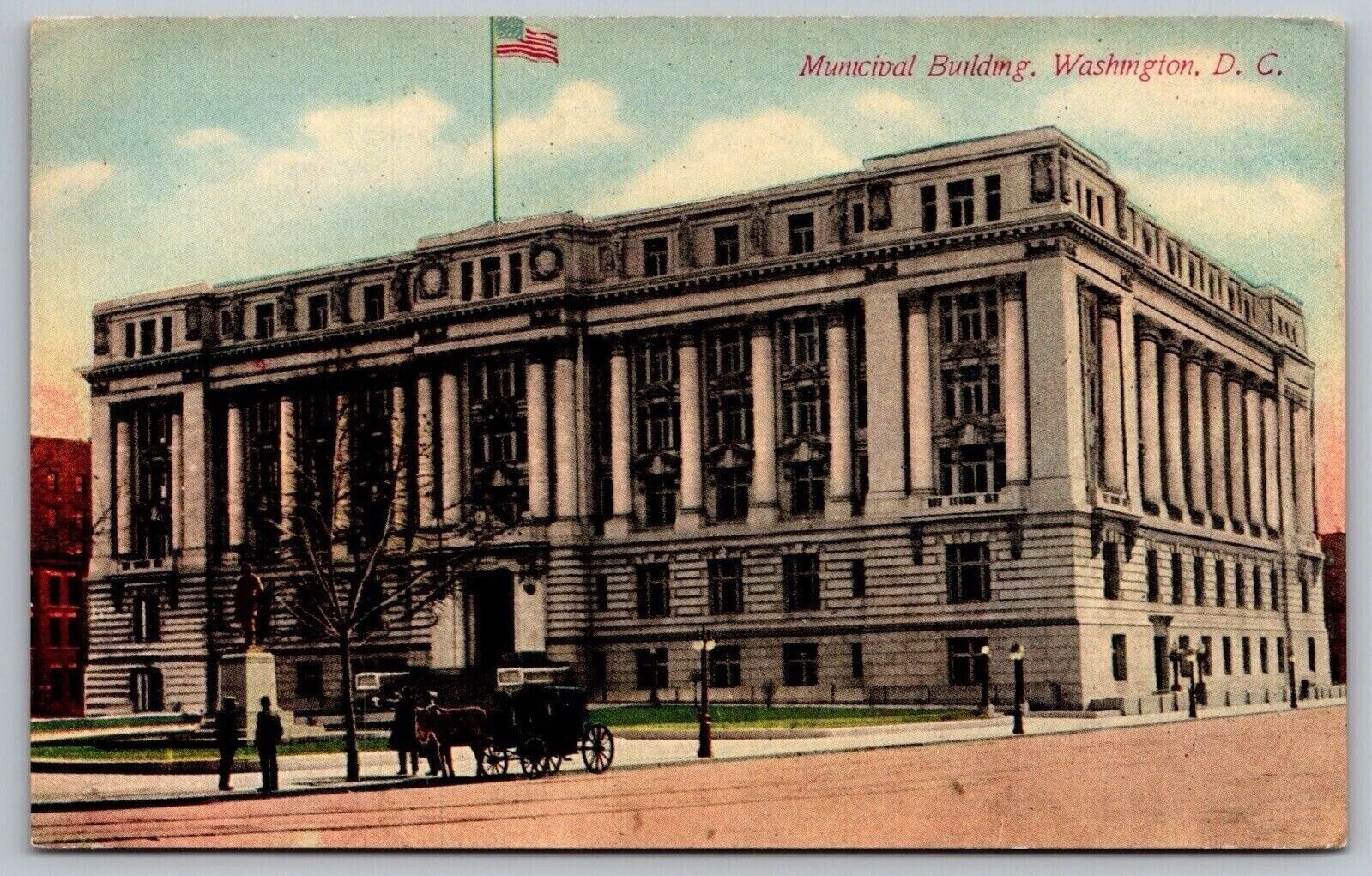 Municipal Building Washington DC Street View Horse Buggy American Flag Postcard