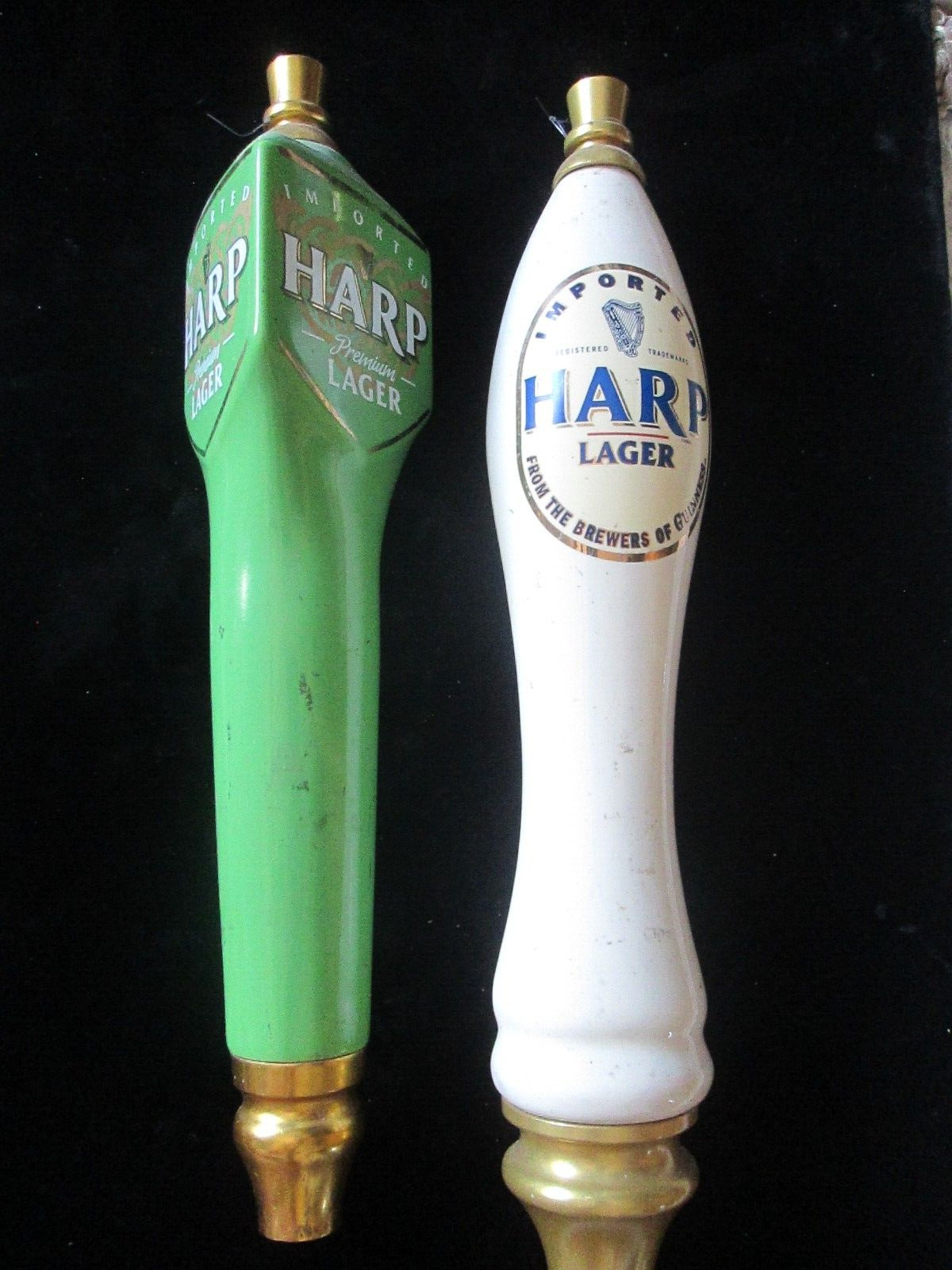 2 Beer Tap Handles Green and White Imported Harp Premium Lager