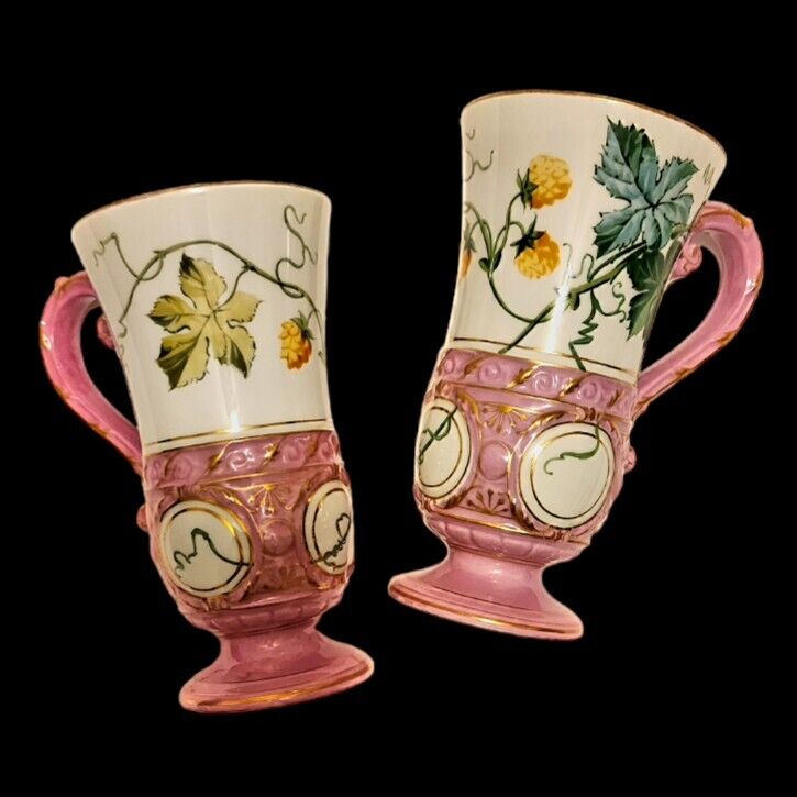 Vintage Pair of Large Tall Footed White & Pink Ivy Porcelain Coffee Cup Mugs 7\